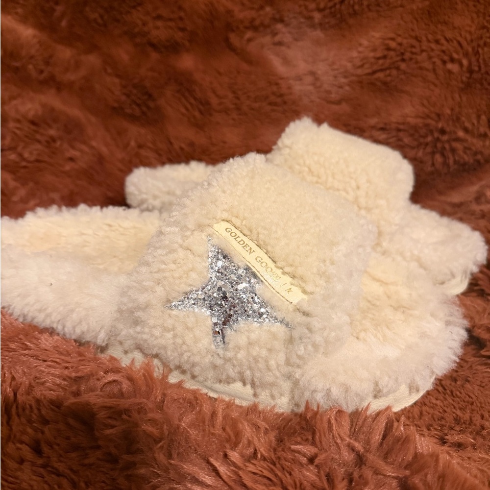 Golden Goose Cream Fuzzy Slide Slippers with Silver Glitter Star